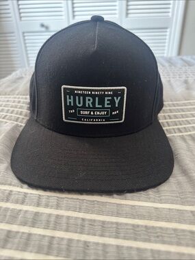 Hurley Black Snapback Hat with Surf & Enjoy Patch